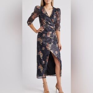 NWOT CHELSEA28 Sequin Print Puff Shoulder Long Sleeve Gown